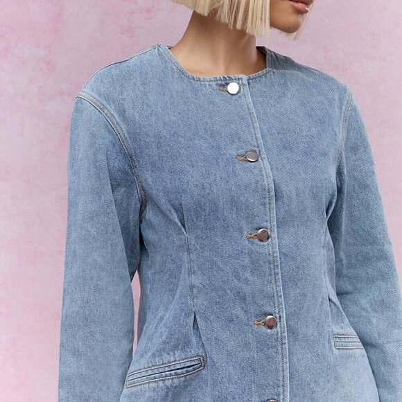 Blue Casual Women's Buttoned Round Collar Long Loose Sleeves Denim Jacket - Picture 3 of 4